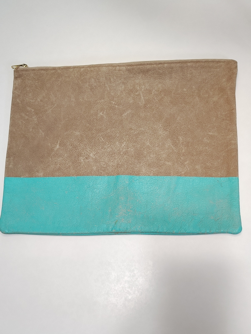 American Apparel Upcycled Leather Clutch Beige and Turquoise Zip Pouch